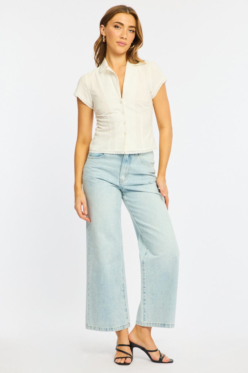 White Lace Trim Shirt Cap Sleeve Collared Textured for Ally Fashion