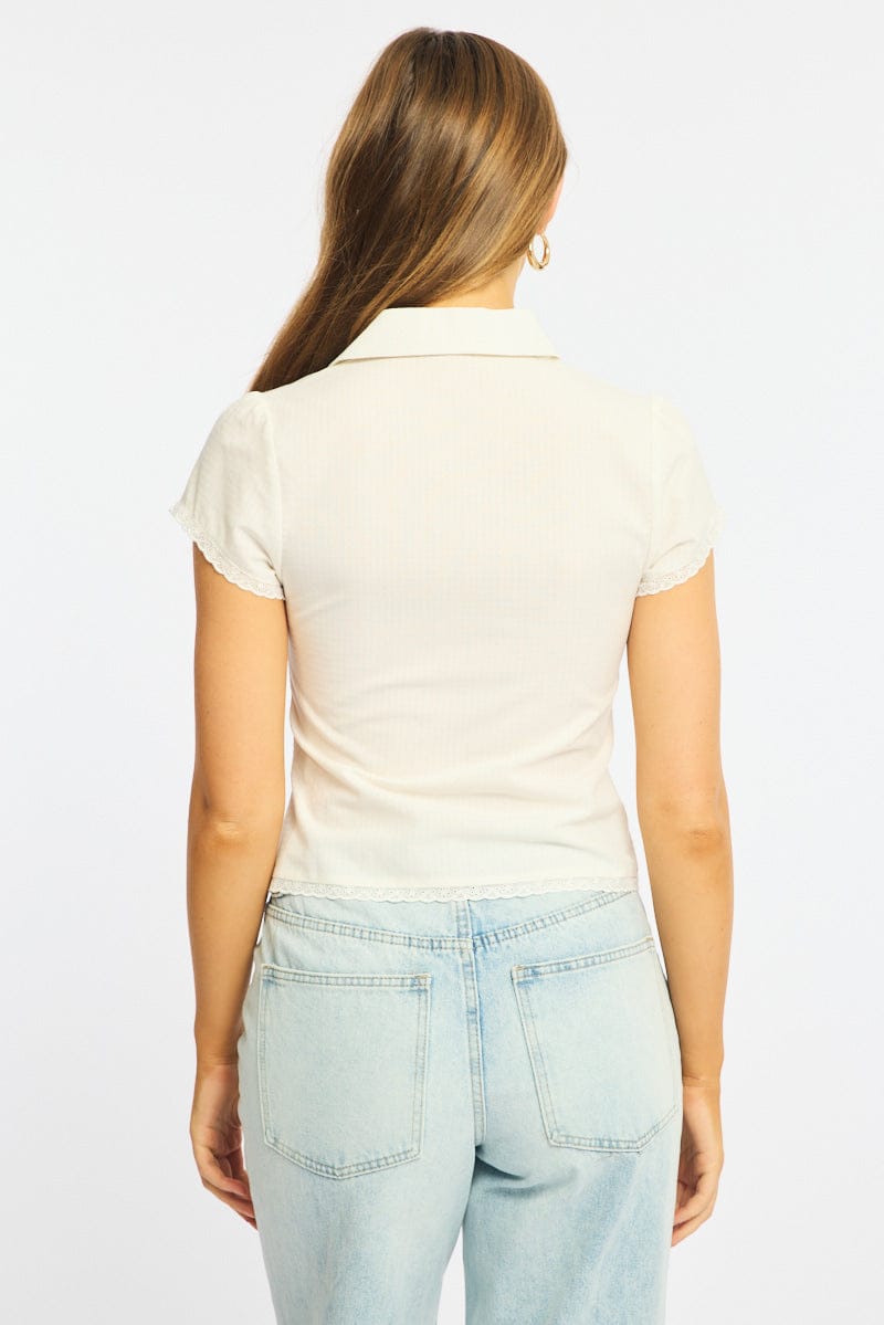White Lace Trim Shirt Cap Sleeve Collared Textured for Ally Fashion