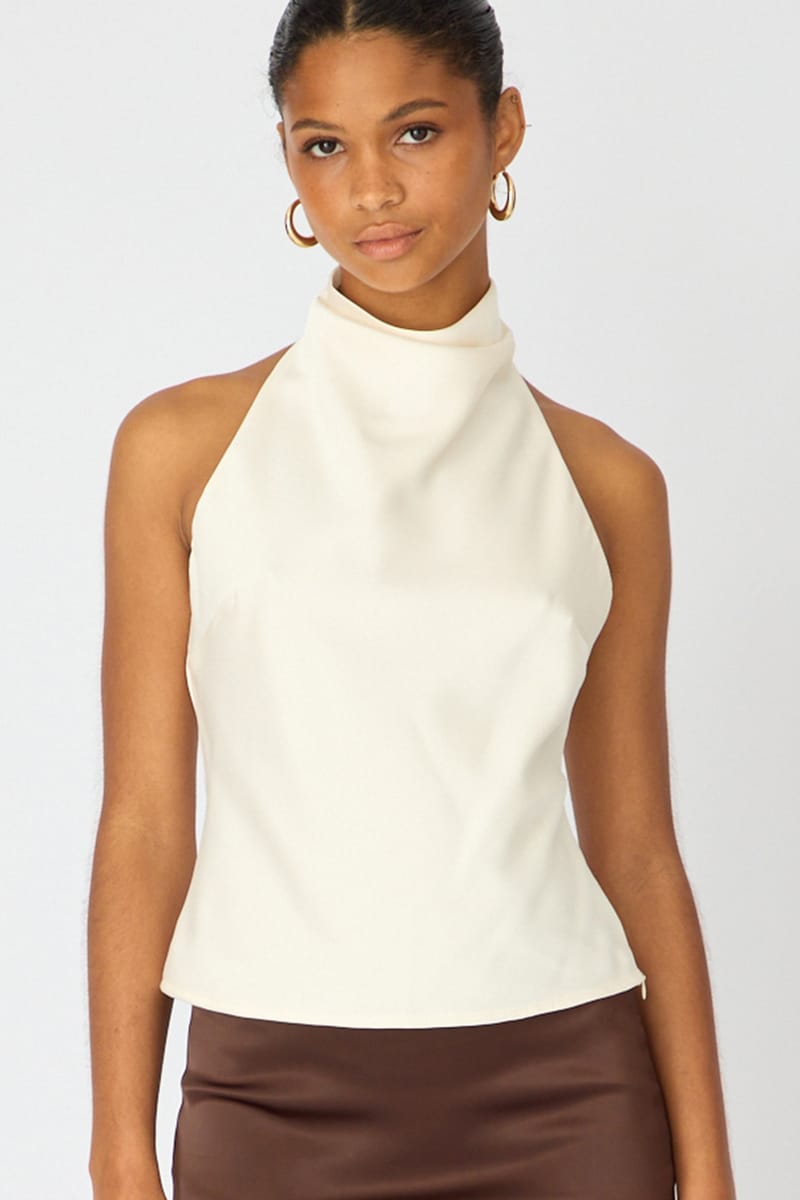 White Satin Halter Neck Top Sleeveless Slim Fit for Ally Fashion