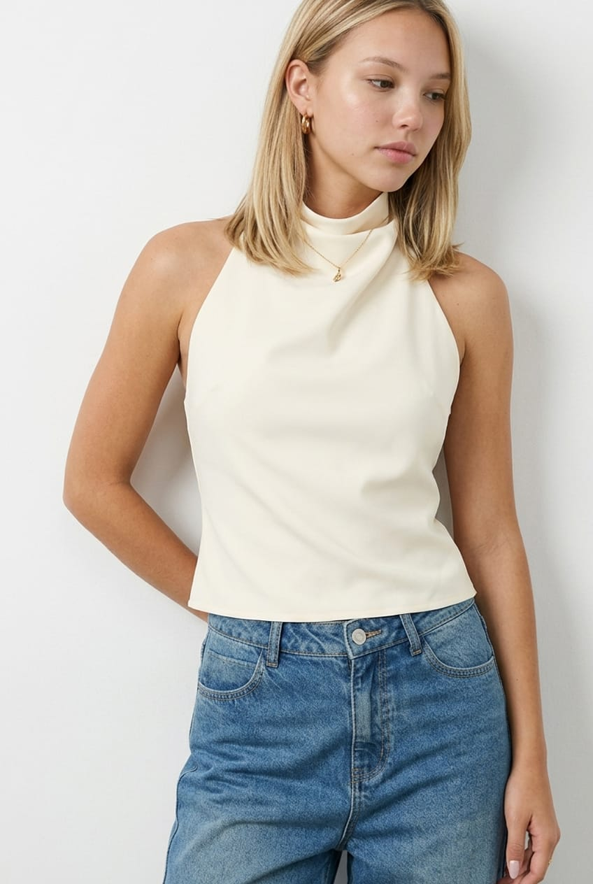 White Satin Halter Neck Top Sleeveless Slim Fit for Ally Fashion