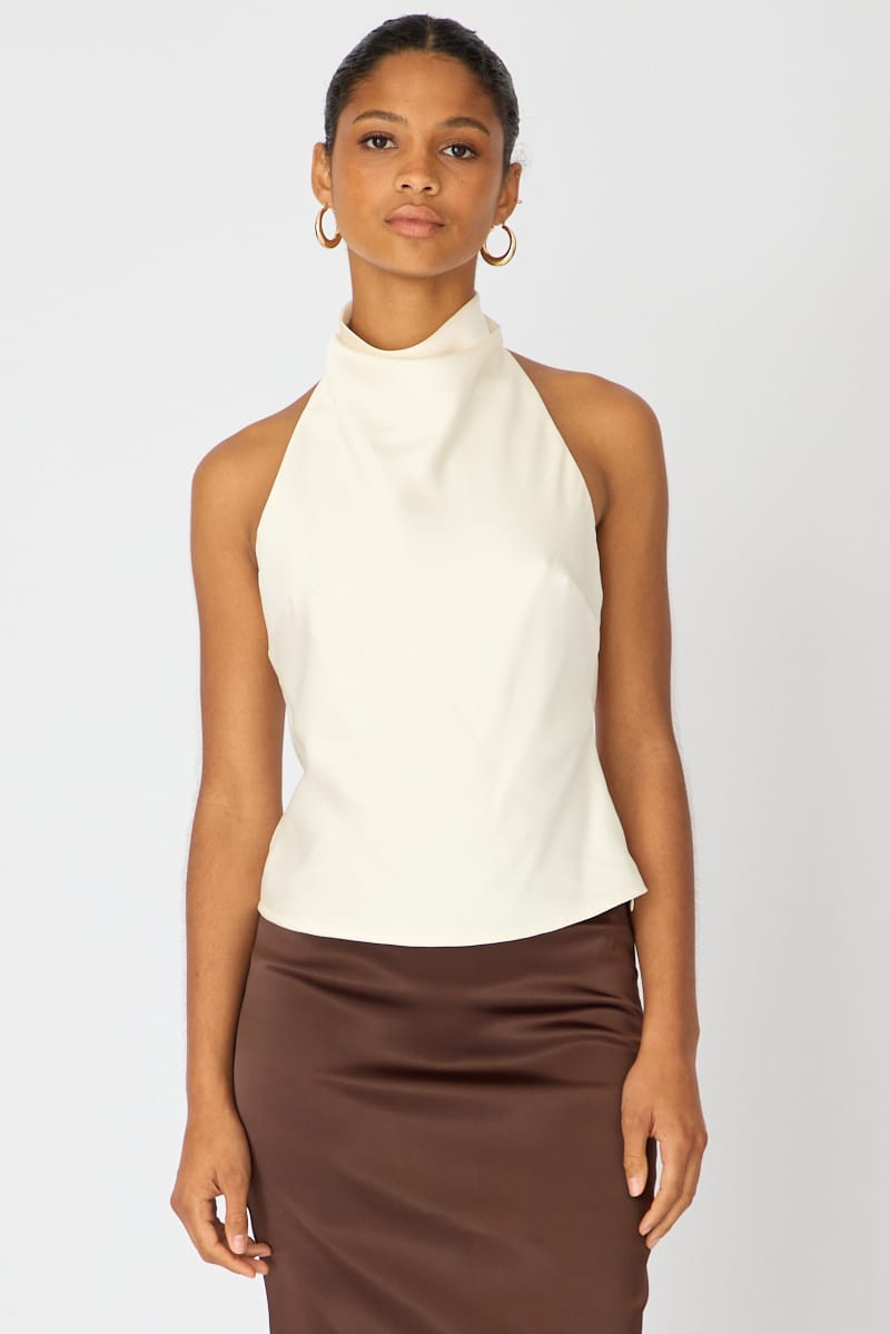 White Satin Halter Neck Top Sleeveless Slim Fit for Ally Fashion