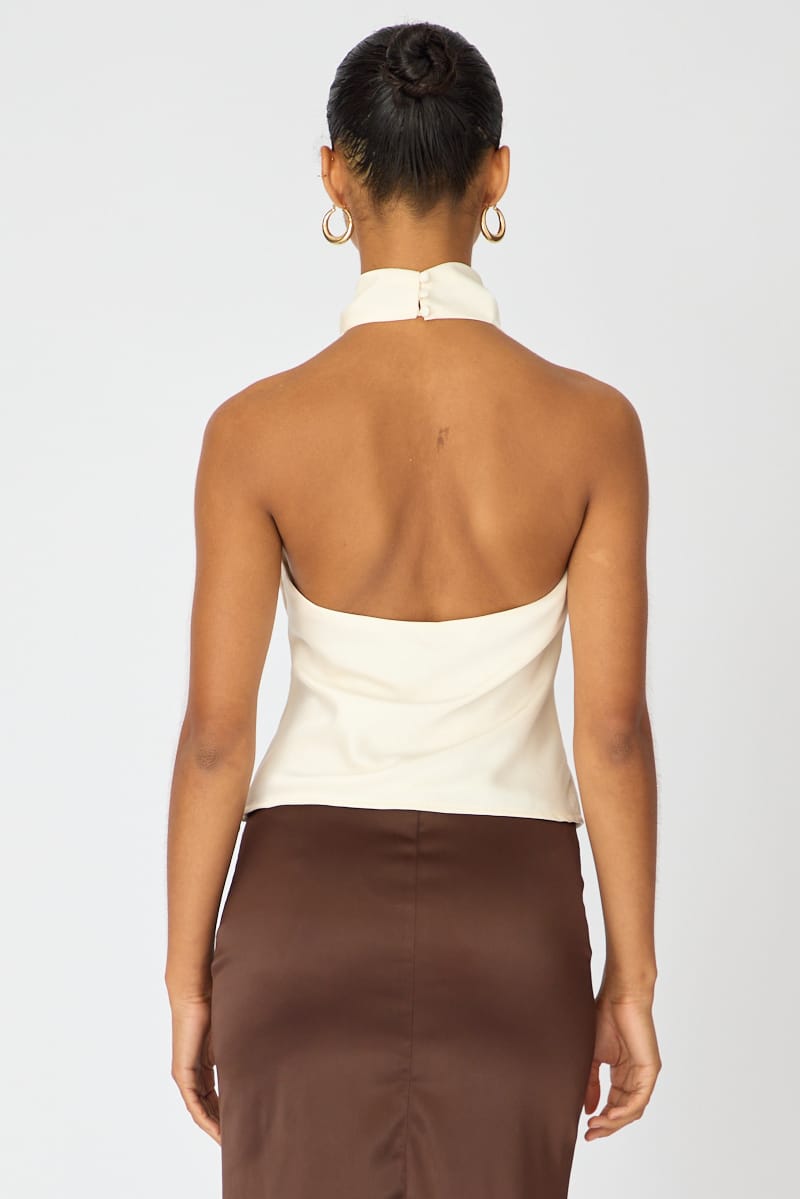 White Satin Halter Neck Top Sleeveless Slim Fit for Ally Fashion