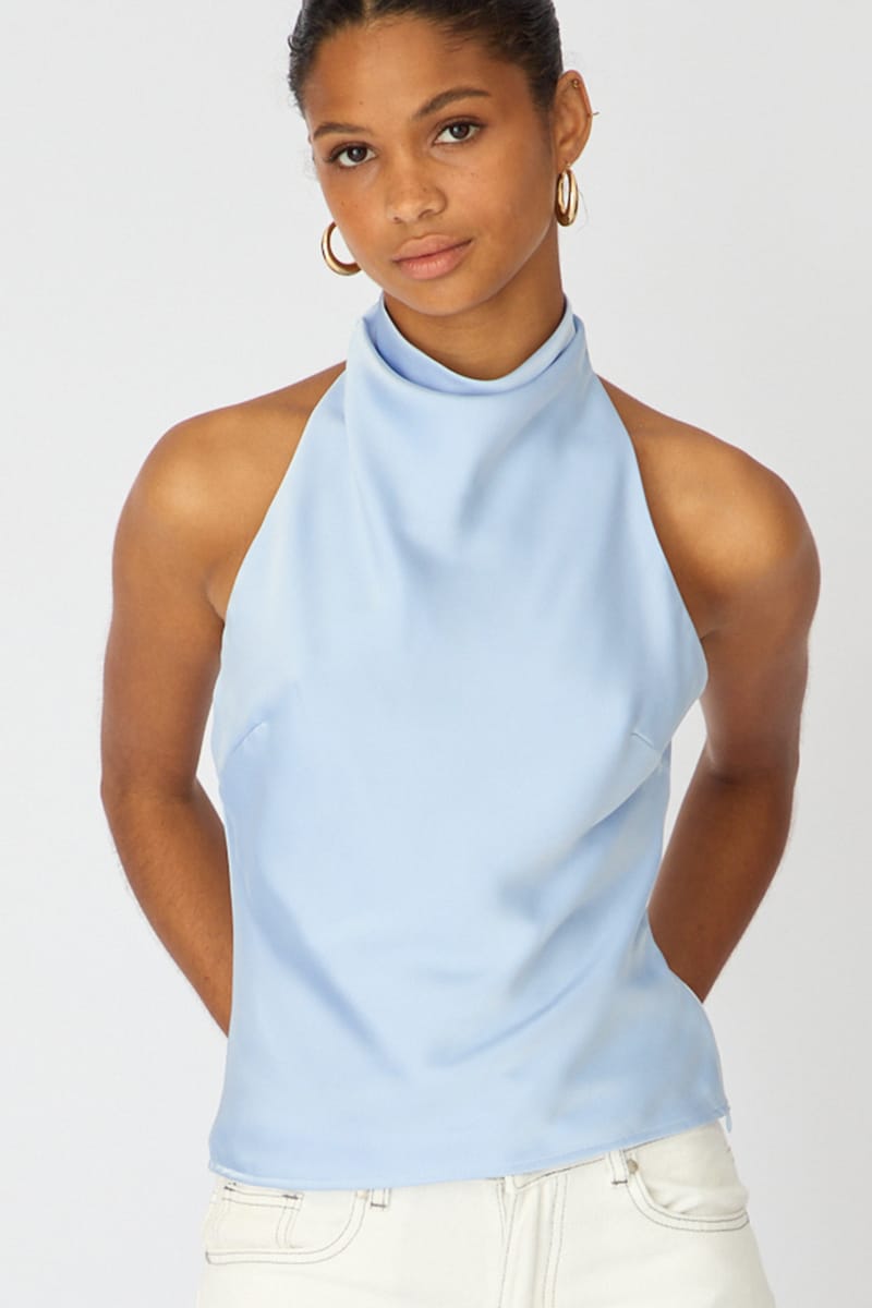 Blue Satin Halter Neck Top Sleeveless Slim Fit for Ally Fashion