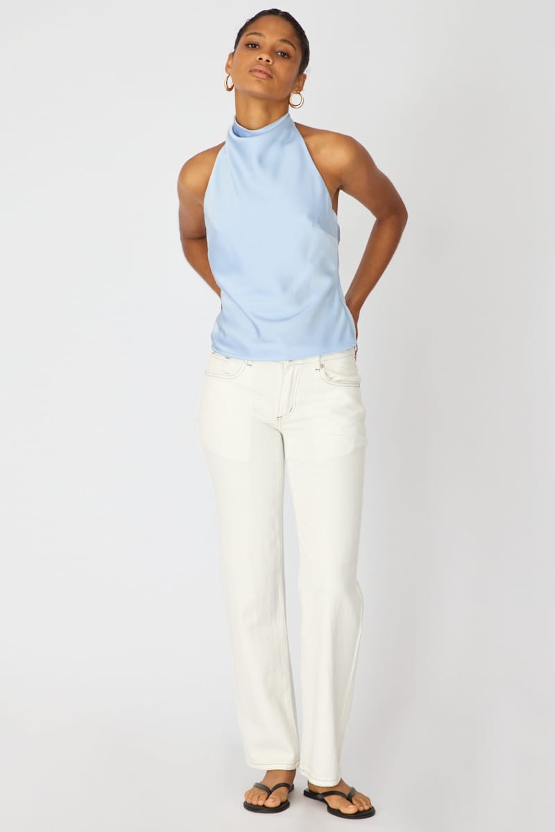 Blue Satin Halter Neck Top Sleeveless Slim Fit for Ally Fashion