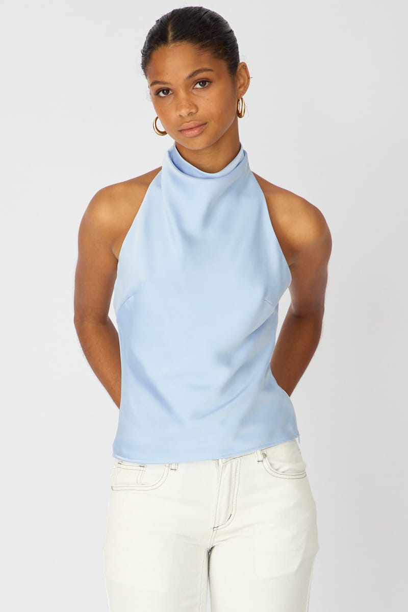 Blue Satin Halter Neck Top Sleeveless Slim Fit for Ally Fashion