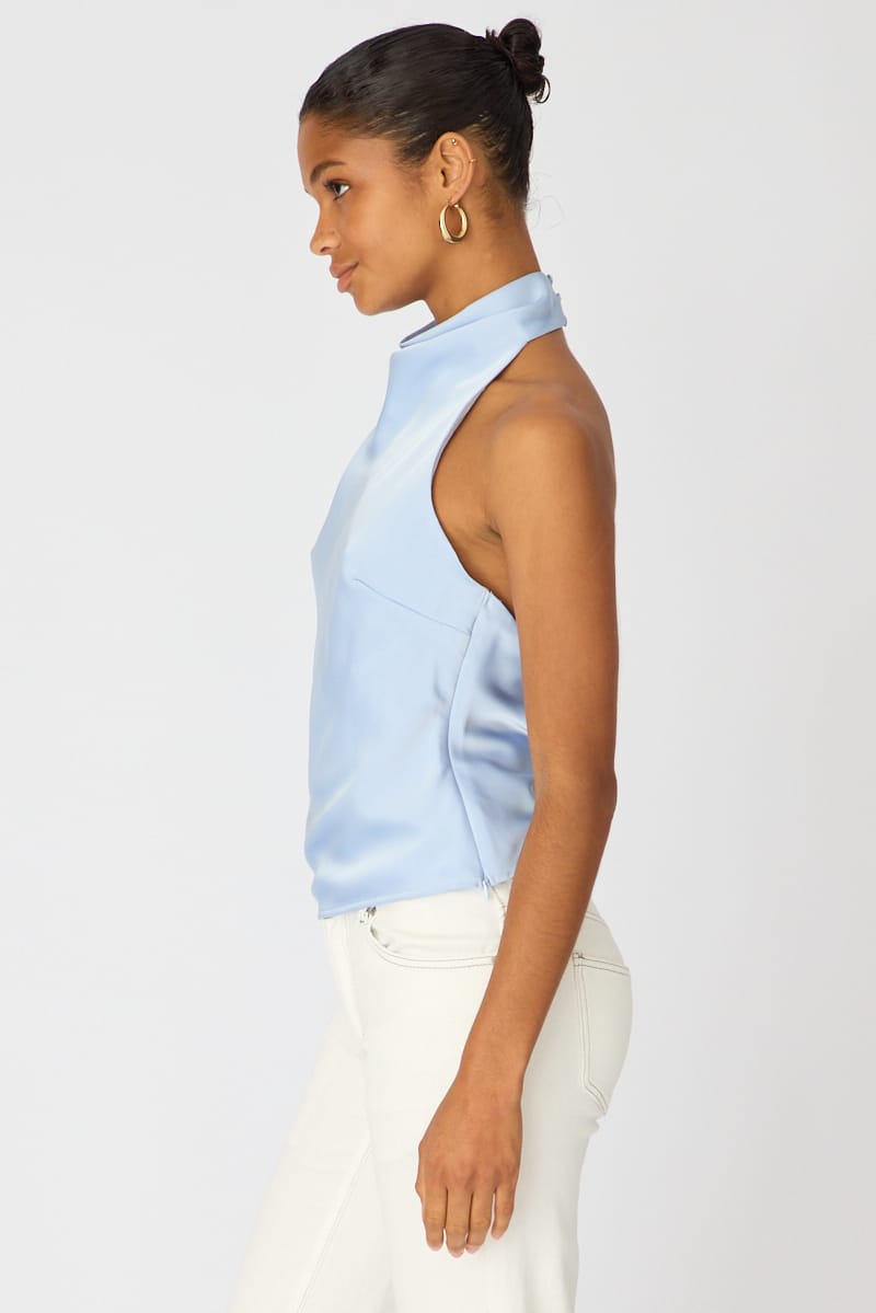 Blue Satin Halter Neck Top Sleeveless Slim Fit for Ally Fashion