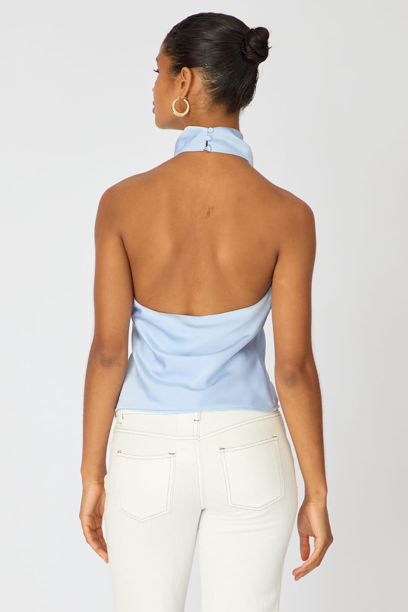 Blue Satin Halter Neck Top Sleeveless Slim Fit for Ally Fashion