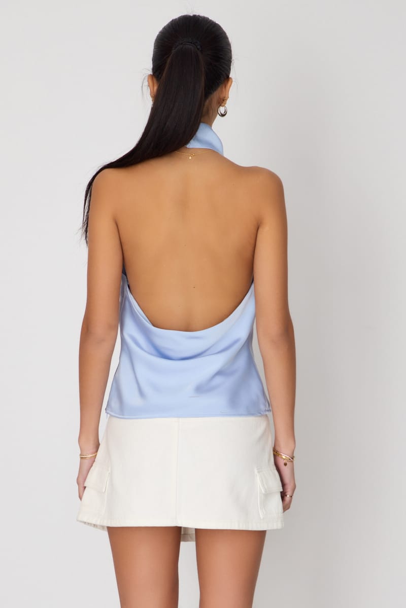 Blue Satin Halter Neck Top Sleeveless Slim Fit for Ally Fashion