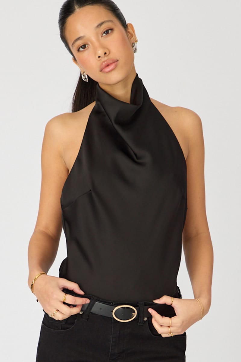 Black Satin Halter Neck Top Sleeveless Slim Fit for Ally Fashion
