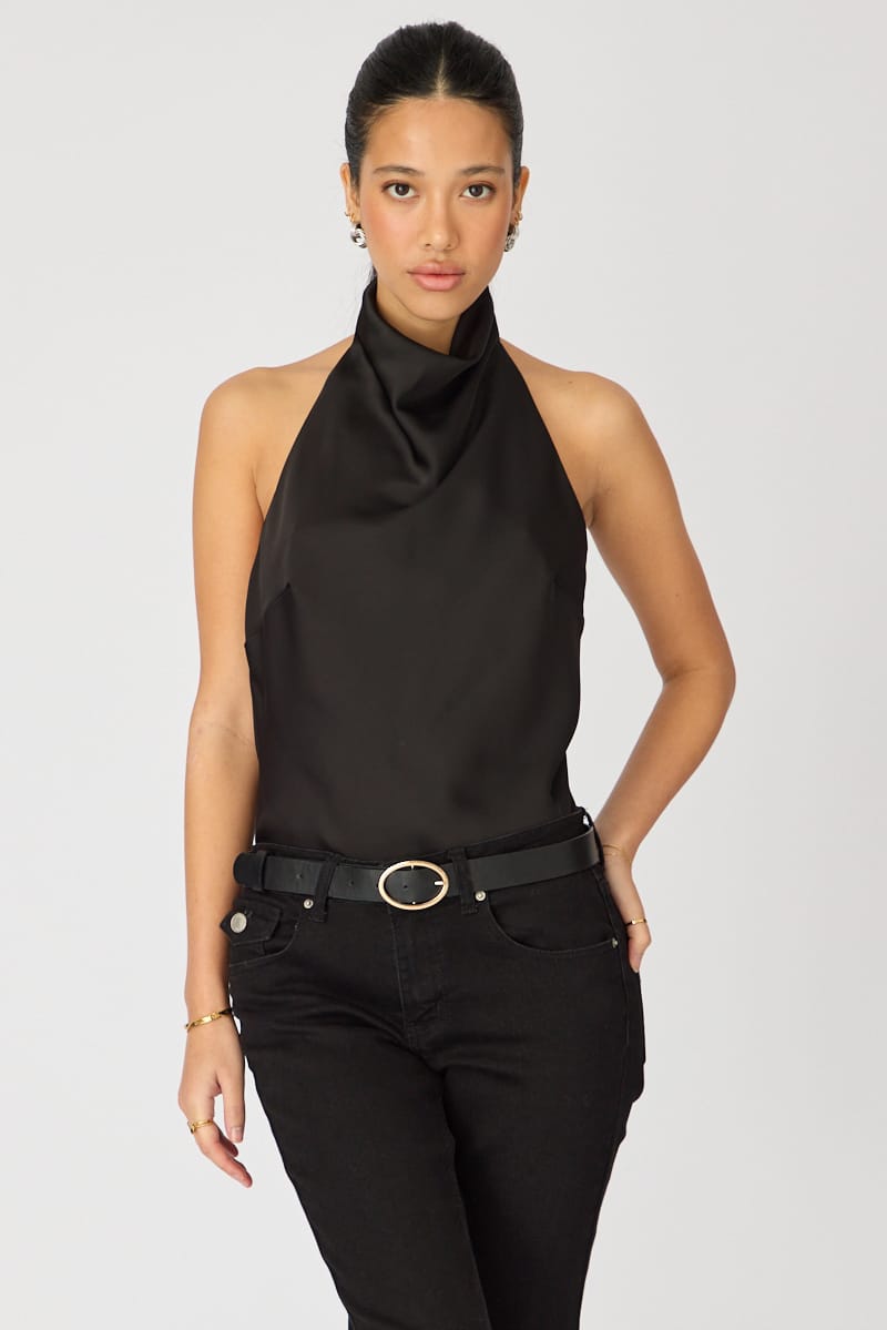 Black Satin Halter Neck Top Sleeveless Slim Fit for Ally Fashion