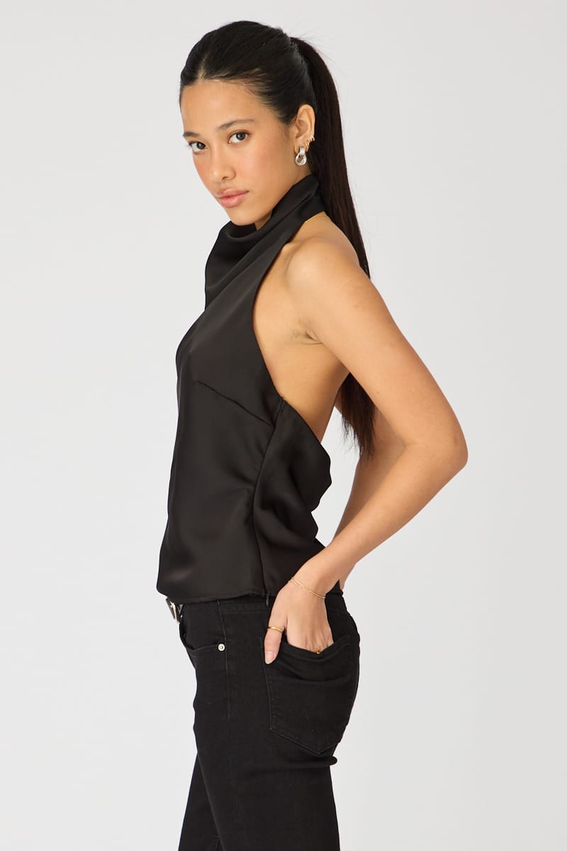 Black Satin Halter Neck Top Sleeveless Slim Fit for Ally Fashion