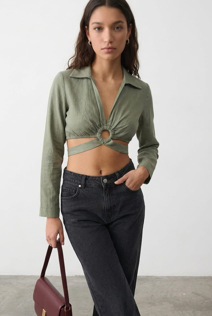 Green Bell Sleeve Top Long Sleeve Crop
