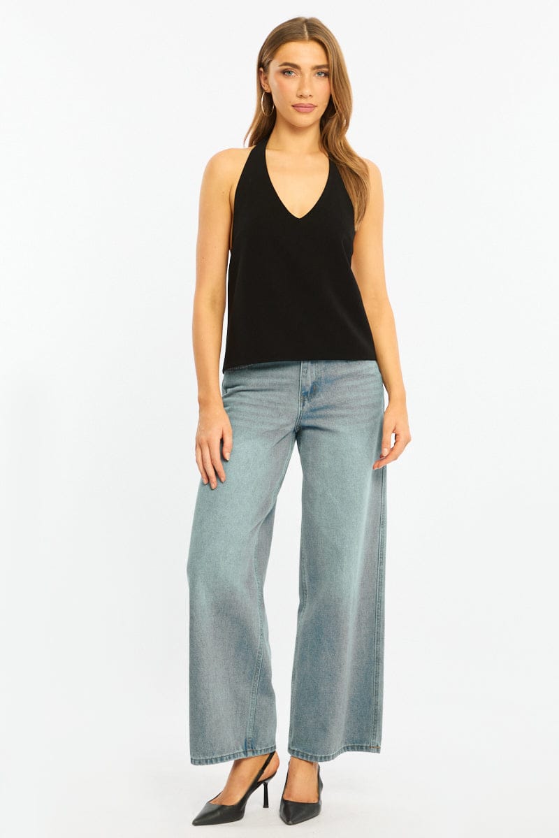 Black Relaxed Tie Back Halter Top for Ally Fashion