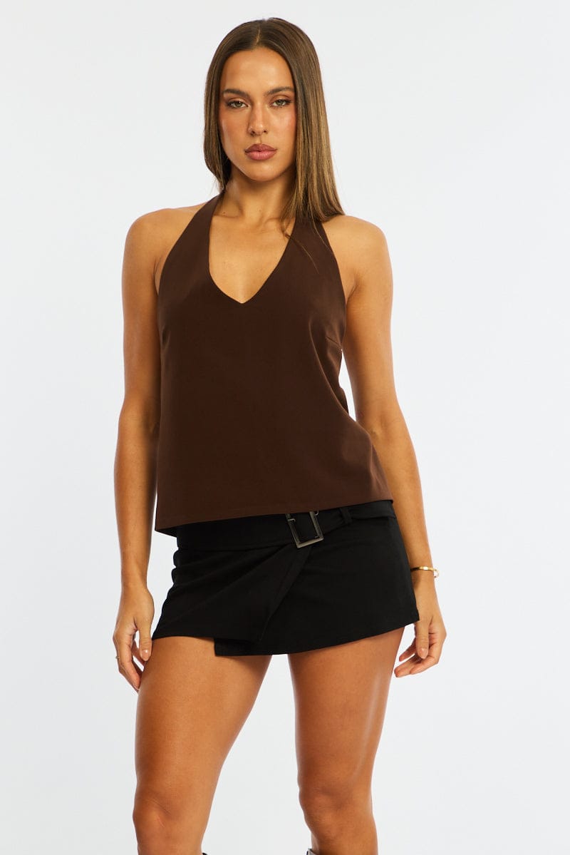 Brown Relaxed Tie Back Halter Top for Ally Fashion
