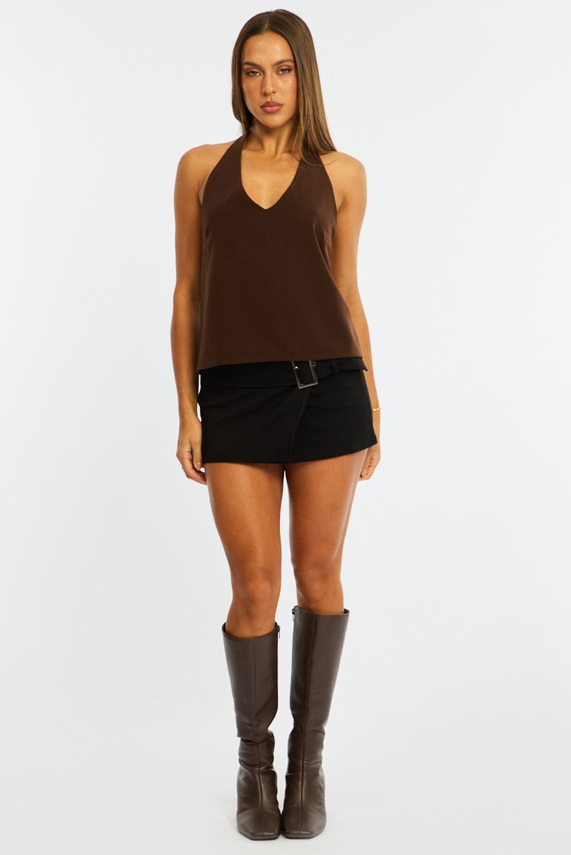 Brown Relaxed Tie Back Halter Top for Ally Fashion