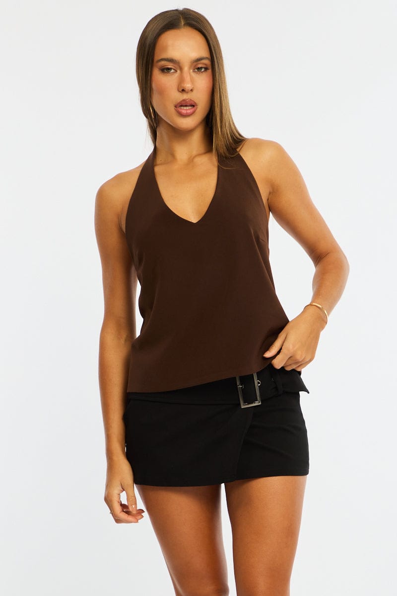 Brown Relaxed Tie Back Halter Top for Ally Fashion