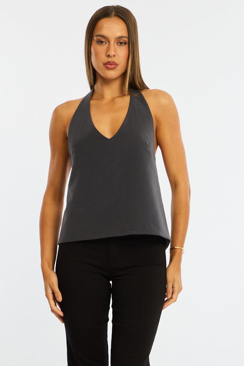 Grey Relaxed Tie Back Halter Top for Ally Fashion
