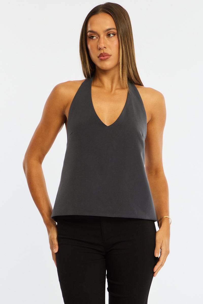 Grey Relaxed Tie Back Halter Top for Ally Fashion