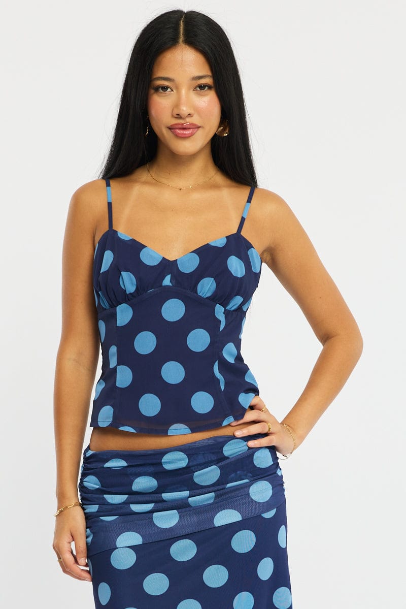 Blue Polka Dot Strappy Cami Top Sleeveless V-neck for Ally Fashion