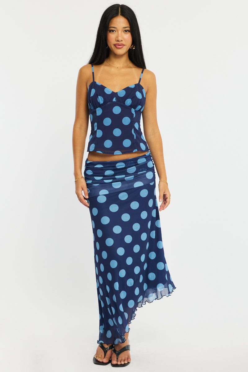 Blue Polka Dot Strappy Cami Top Sleeveless V-neck for Ally Fashion