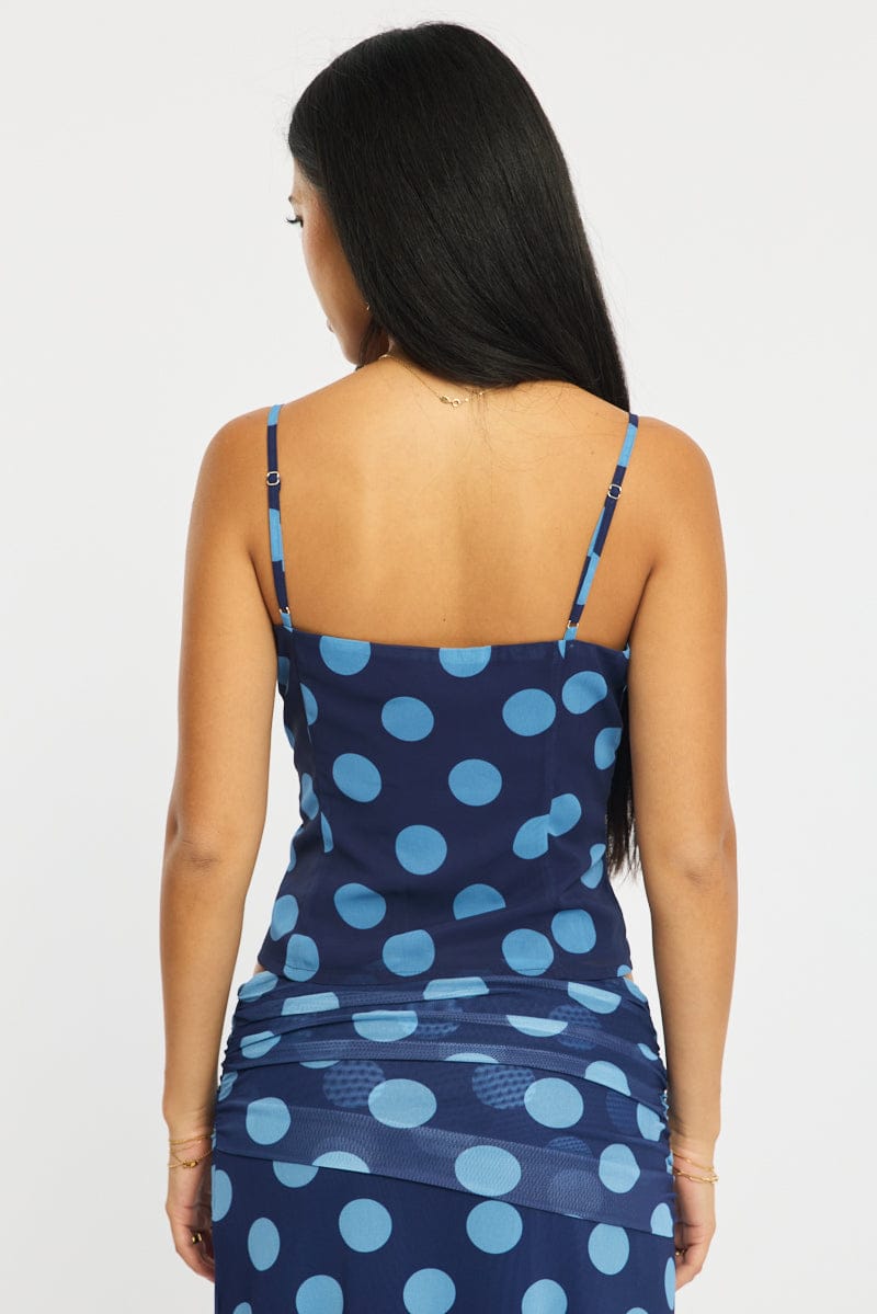 Blue Polka Dot Strappy Cami Top Sleeveless V-neck for Ally Fashion