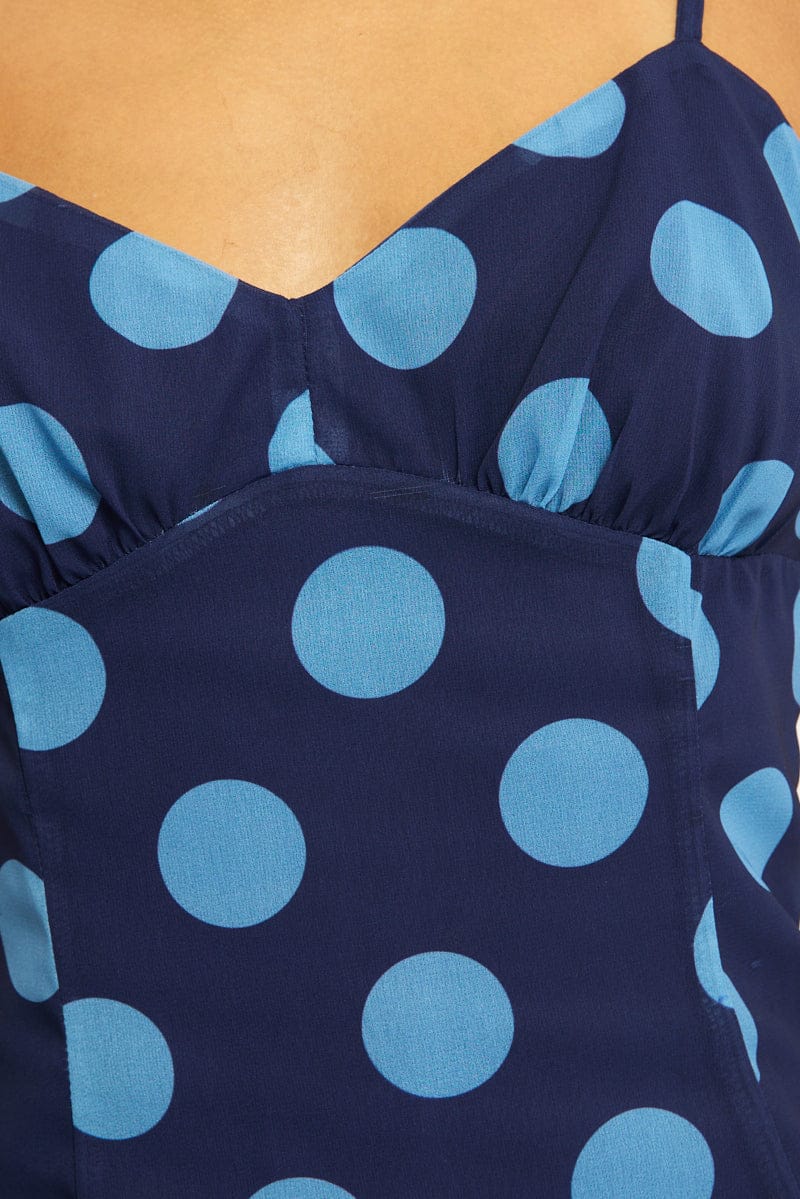 Blue Polka Dot Strappy Cami Top Sleeveless V-neck for Ally Fashion