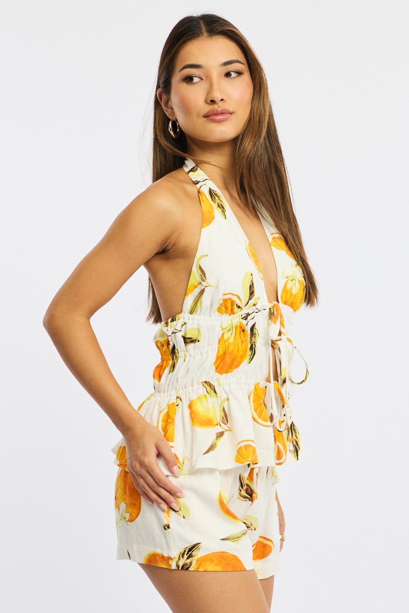 Orange Abstract Halter Top Sleeveless Tie Front Linen Blend for Ally Fashion