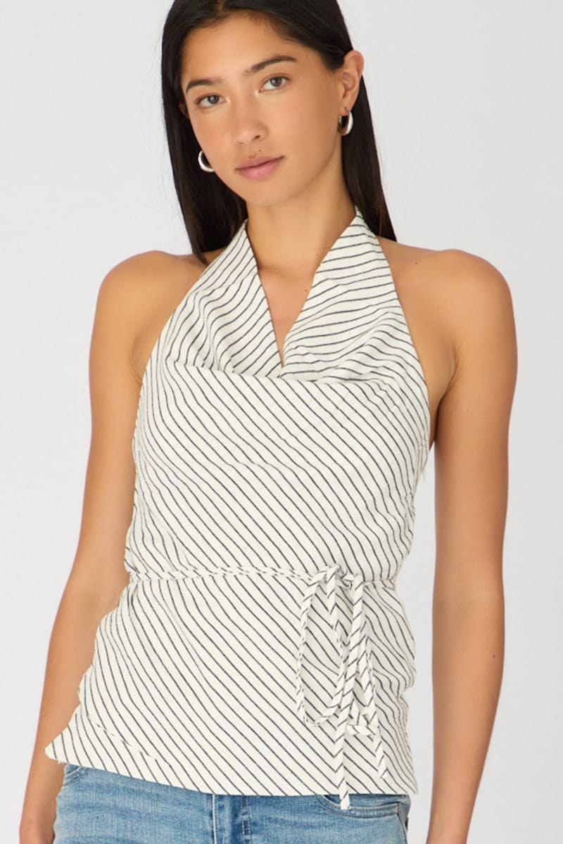 White Stripe Halter Top Sleeveless Linen Blend for Ally Fashion