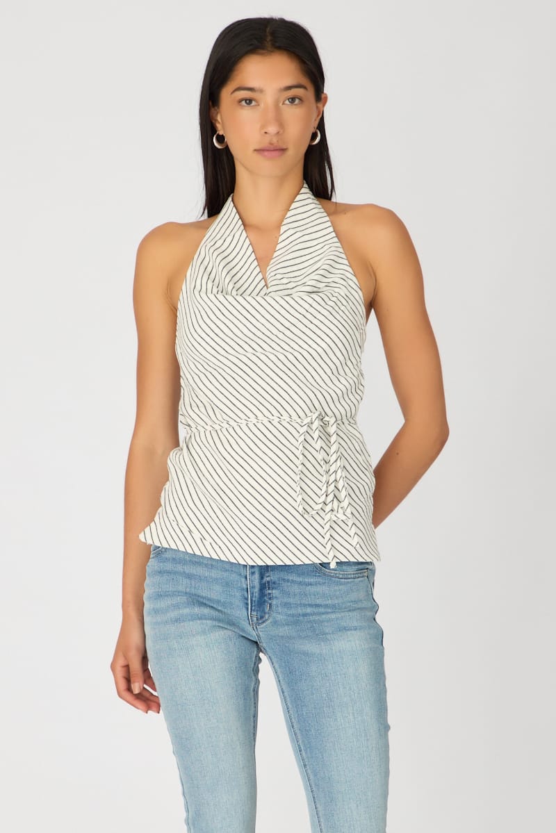 White Stripe Halter Top Sleeveless Linen Blend for Ally Fashion