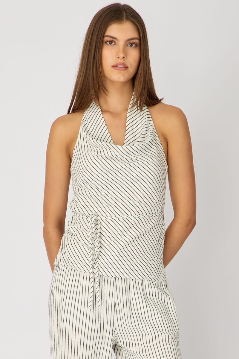 White Stripe Halter Top Sleeveless Linen Blend for Ally Fashion