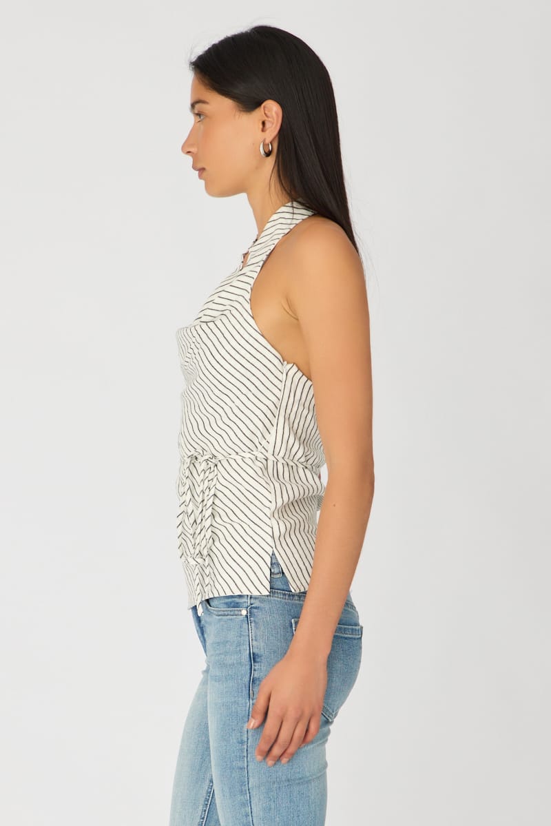 White Stripe Halter Top Sleeveless Linen Blend for Ally Fashion