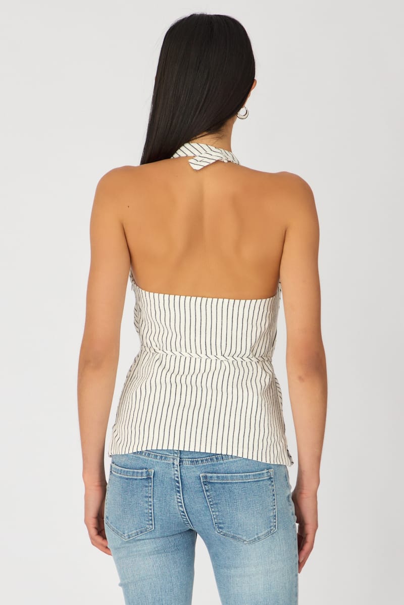 White Stripe Halter Top Sleeveless Linen Blend for Ally Fashion