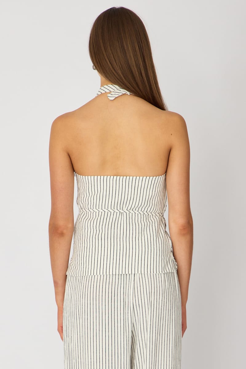 White Stripe Halter Top Sleeveless Linen Blend for Ally Fashion