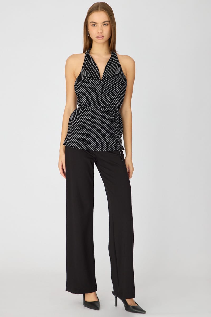 Black Stripe Halter Top Sleeveless Linen Blend for Ally Fashion