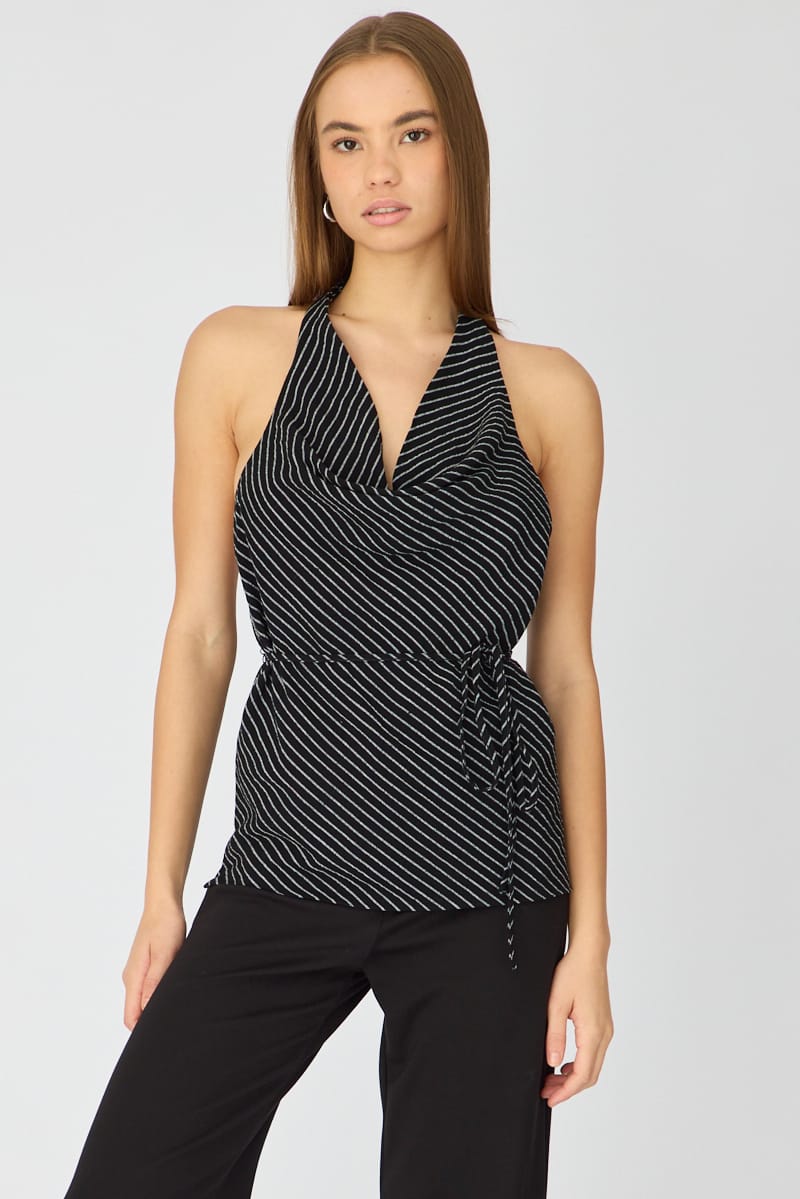Black Stripe Halter Top Sleeveless Linen Blend for Ally Fashion