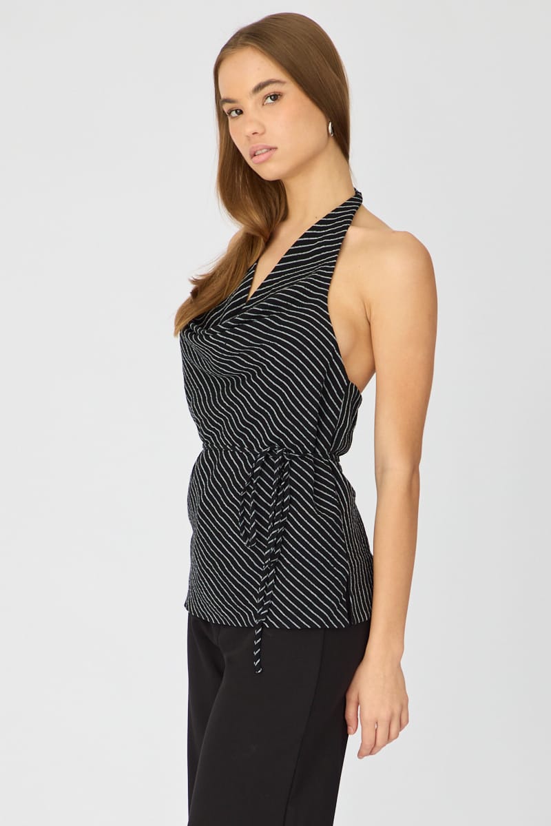 Black Stripe Halter Top Sleeveless Linen Blend for Ally Fashion