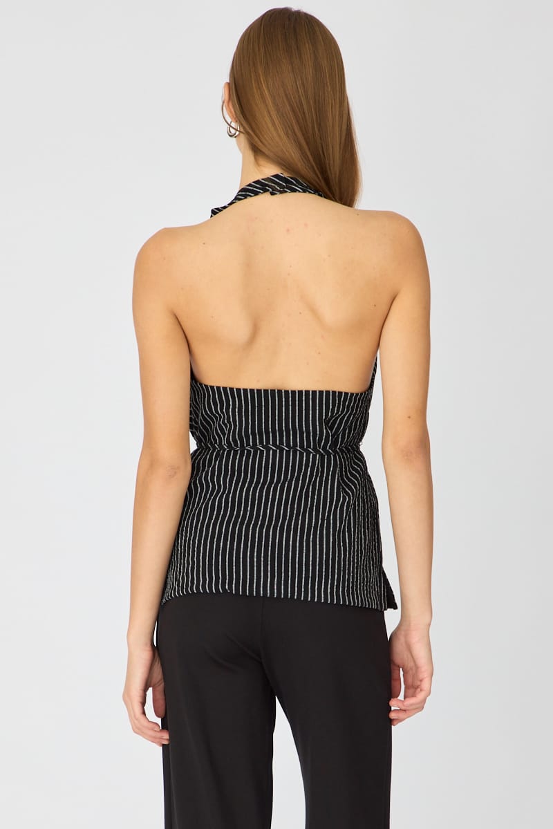 Black Stripe Halter Top Sleeveless Linen Blend for Ally Fashion