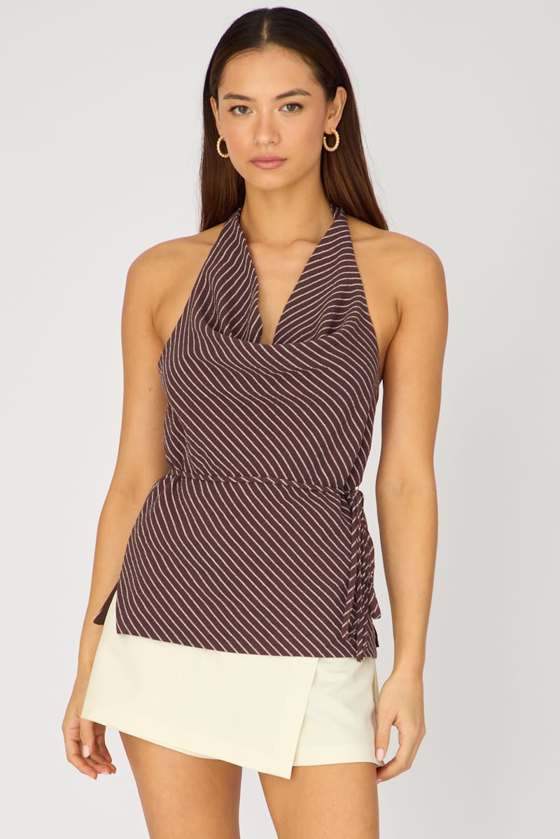 Brown Stripe Halter Top Sleeveless Linen Blend for Ally Fashion