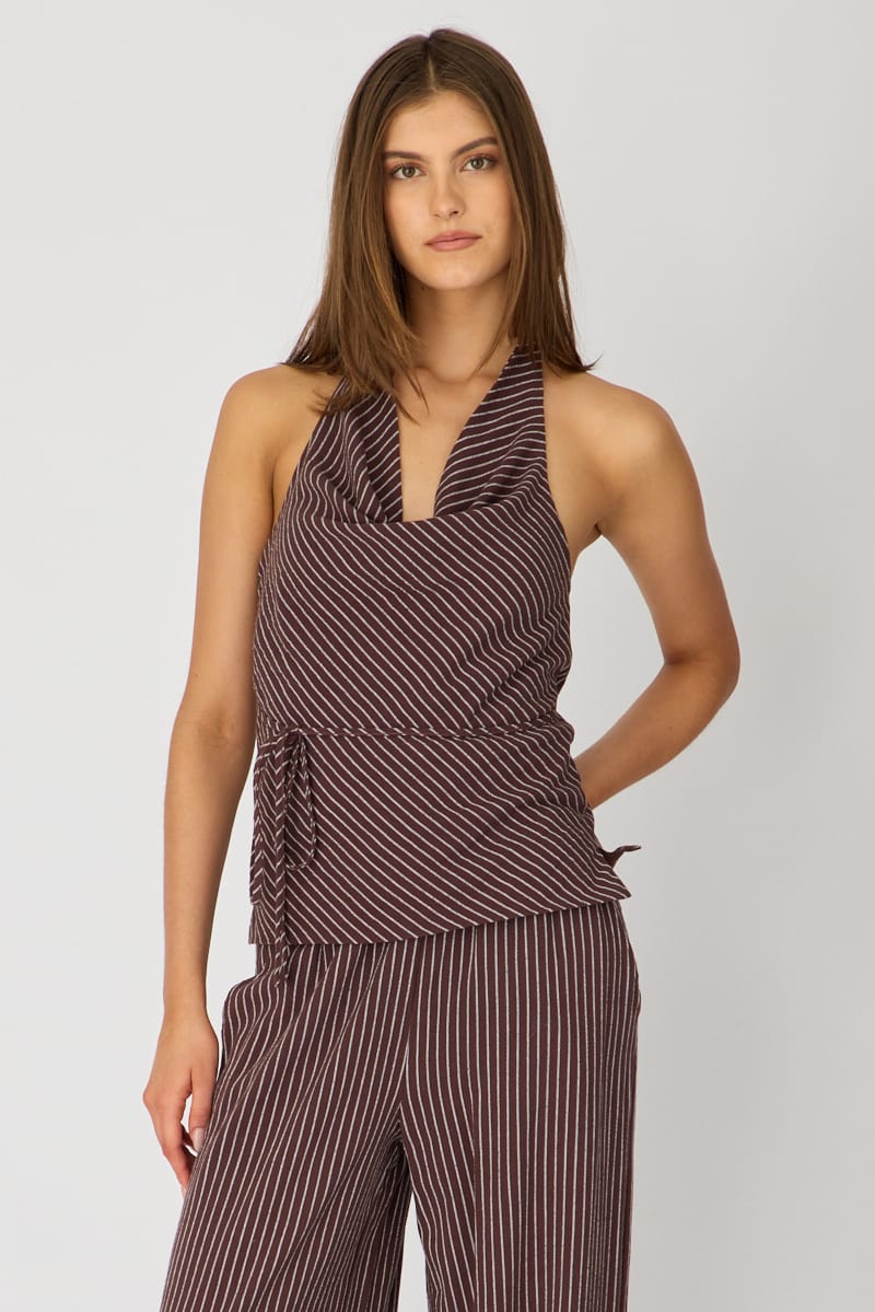 Brown Stripe Halter Top Sleeveless Linen Blend for Ally Fashion