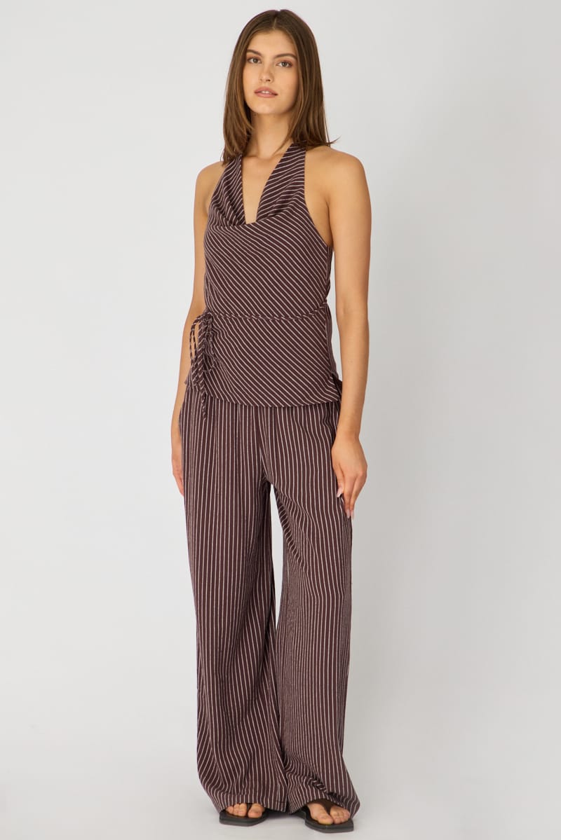 Brown Stripe Halter Top Sleeveless Linen Blend for Ally Fashion