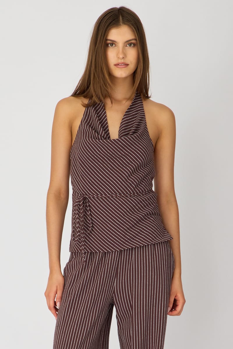 Brown Stripe Halter Top Sleeveless Linen Blend for Ally Fashion