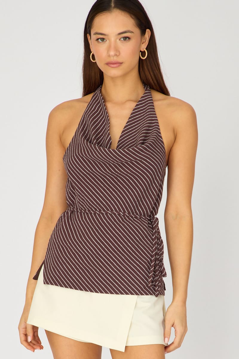 Brown Stripe Halter Top Sleeveless Linen Blend for Ally Fashion