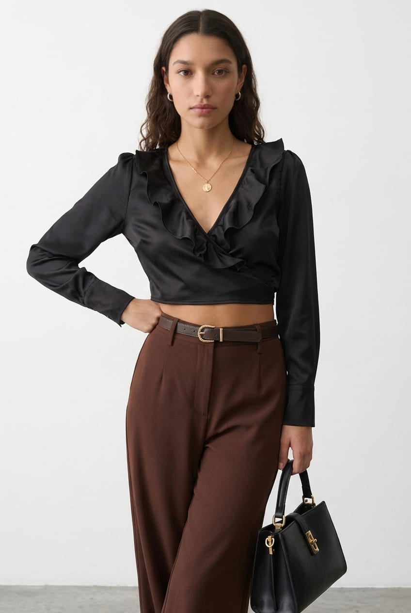 Black Crop Top Long Sleeve V-Neck