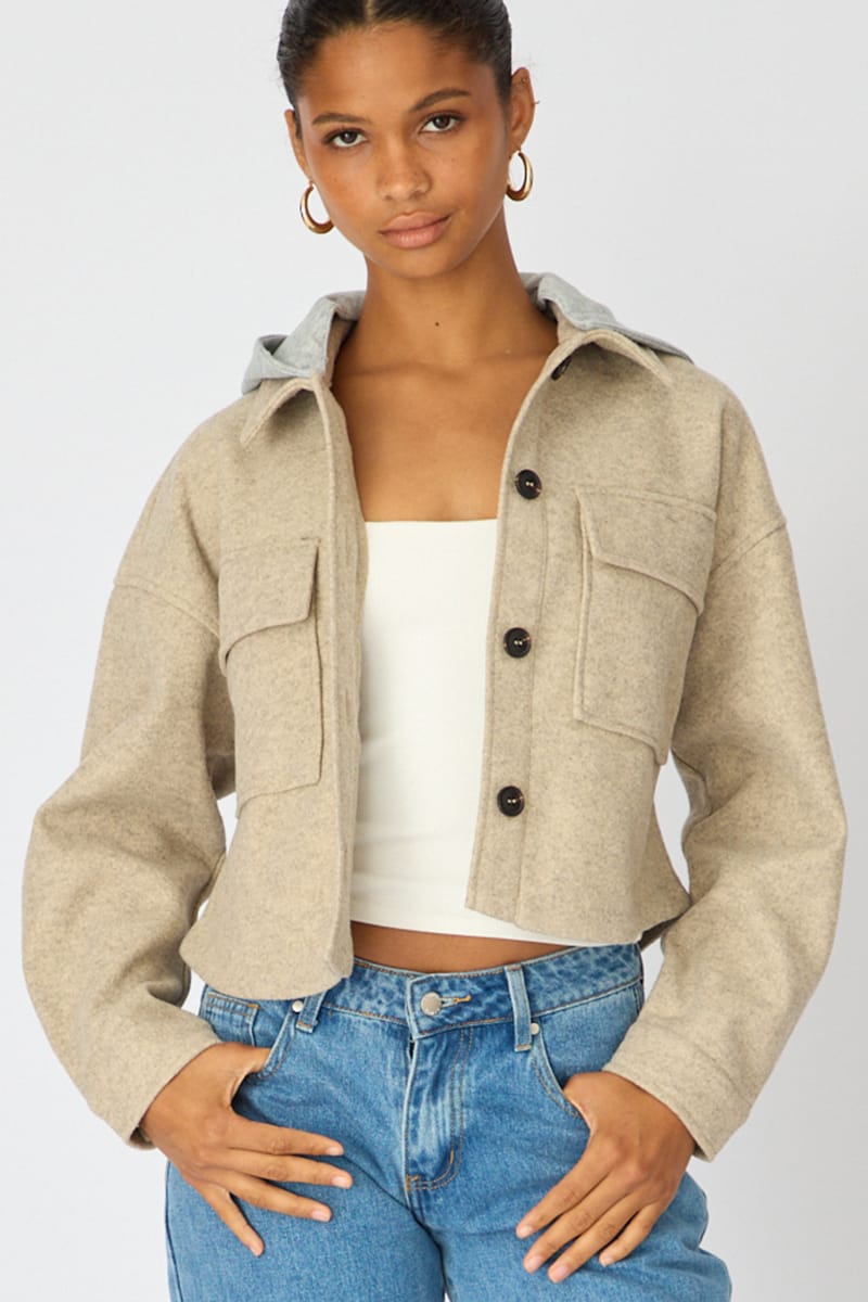 Brown Cropped Long Sleeve Shacket for Ally Fashion