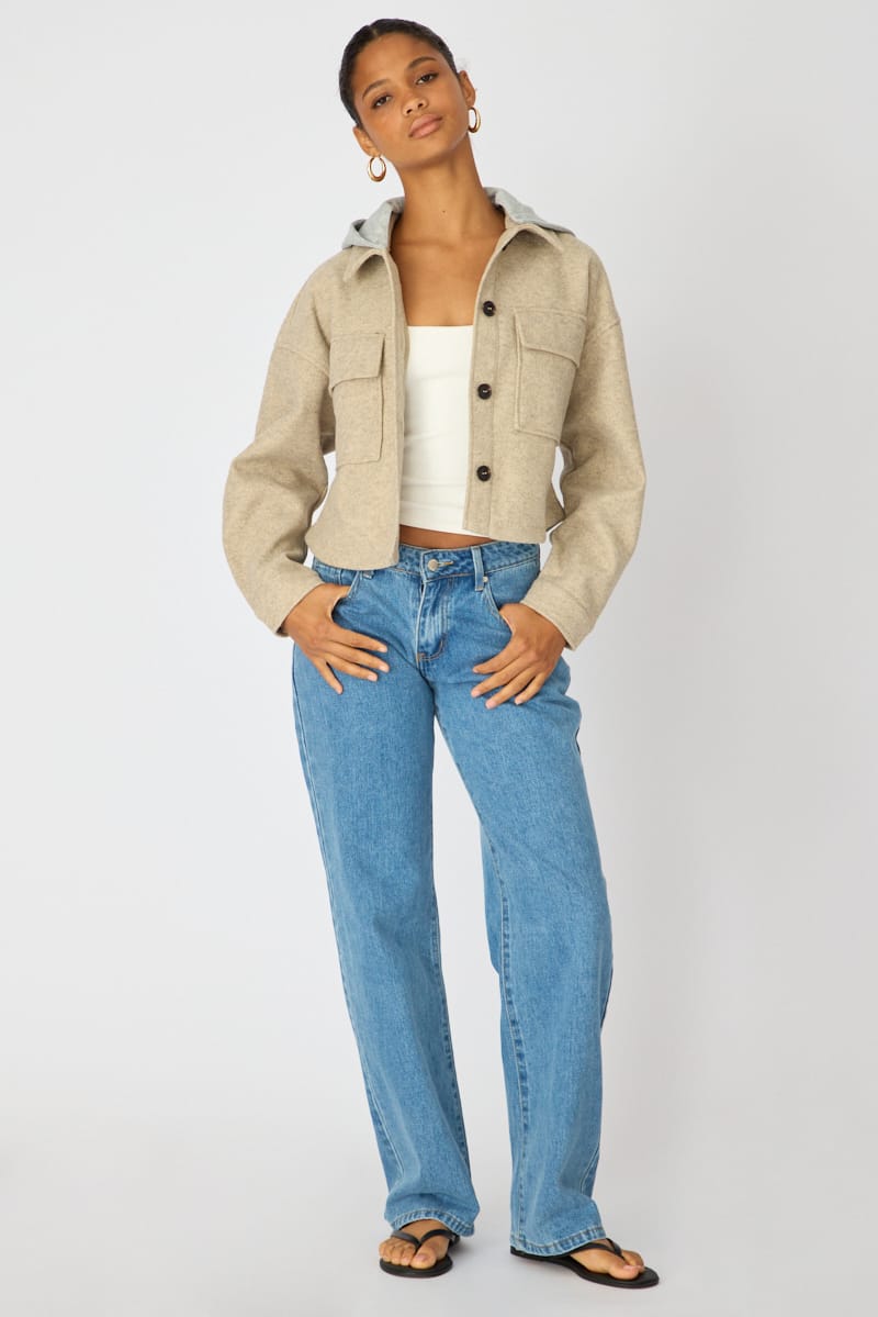 Brown Cropped Long Sleeve Shacket for Ally Fashion
