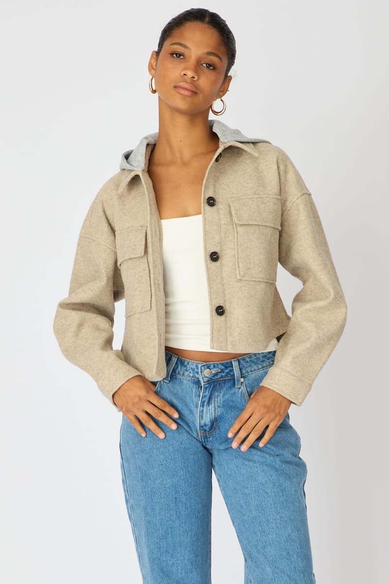 Brown Cropped Long Sleeve Shacket for Ally Fashion