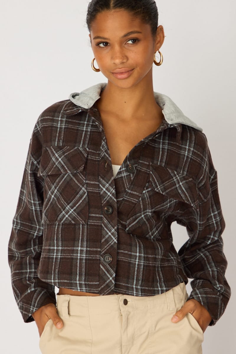Brown Check Cropped Long Sleeve Shacket for Ally Fashion