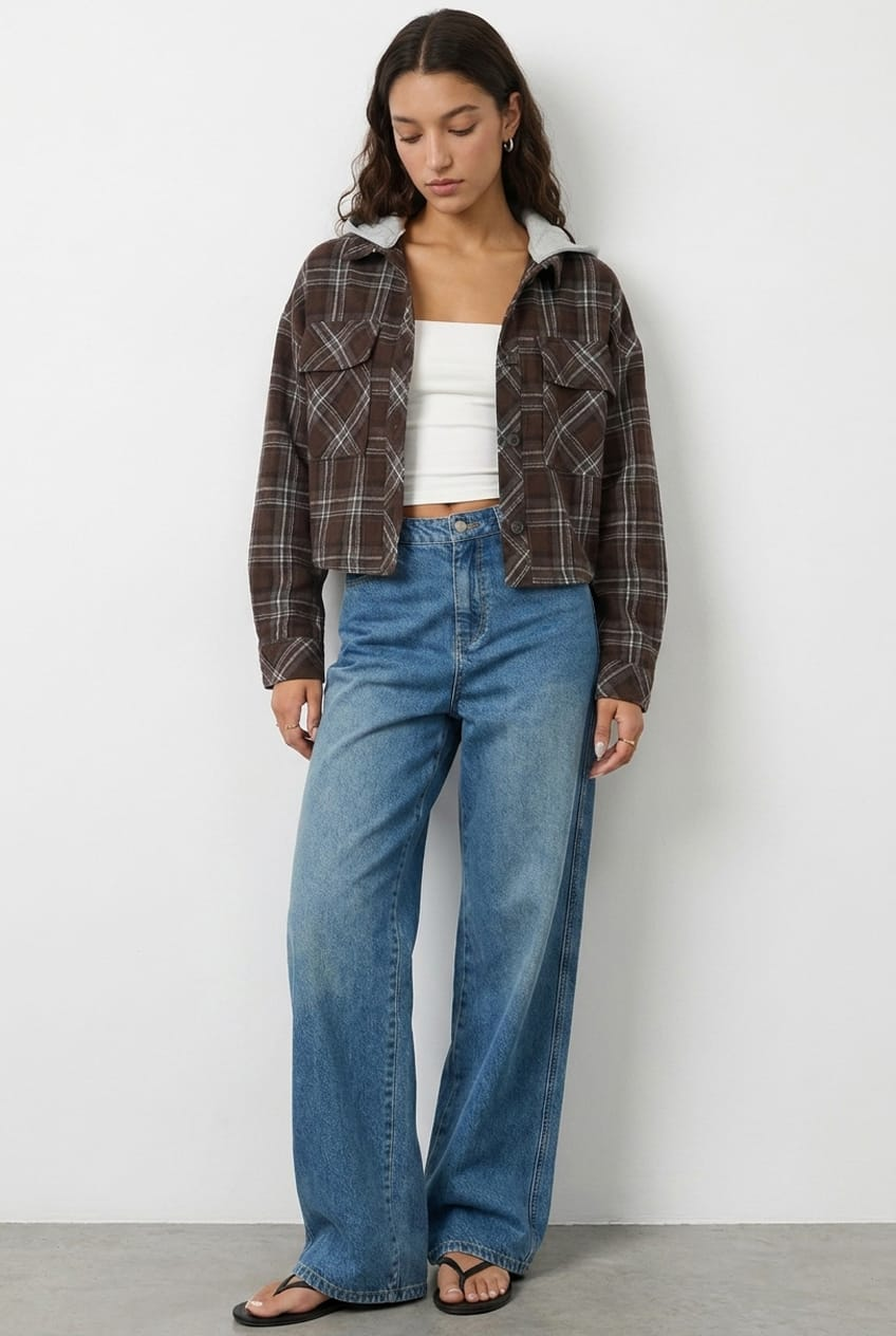 Brown Check Cropped Long Sleeve Shacket for Ally Fashion