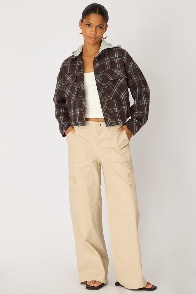 Brown Check Cropped Long Sleeve Shacket for Ally Fashion