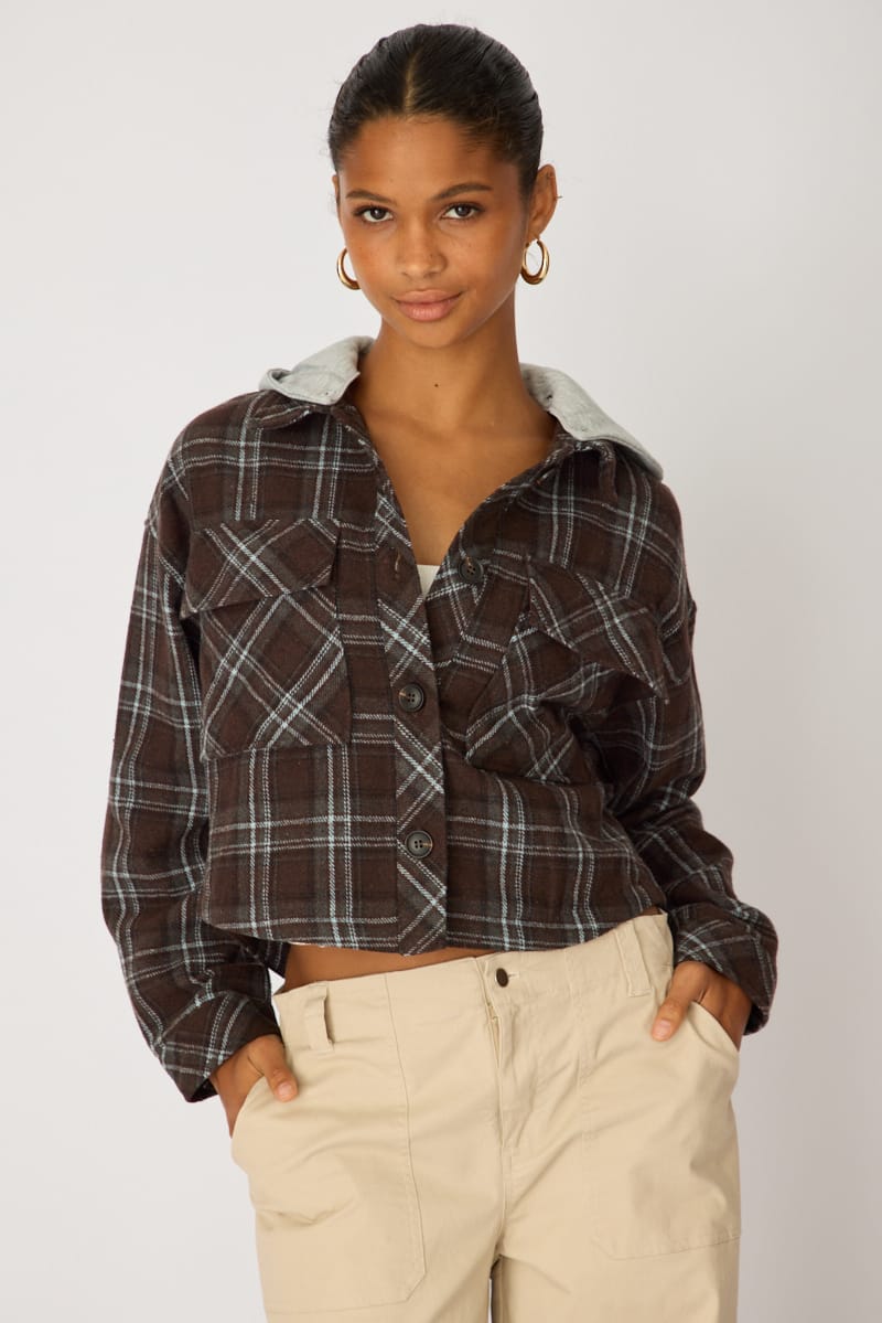 Brown Check Cropped Long Sleeve Shacket for Ally Fashion